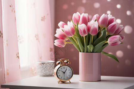花瓶里的鲜花和时钟背景图片