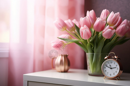 室内的鲜花和时钟背景图片