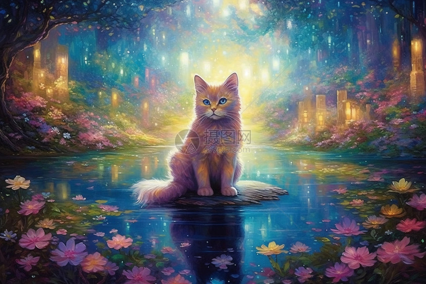 梦幻般森林中的猫咪油画图片