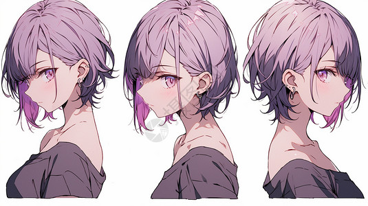 紫色短发女孩身体三视图图片