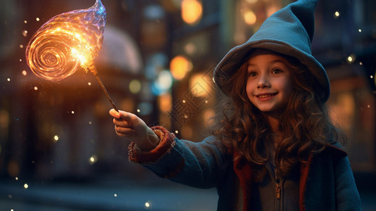 会魔法的女孩挥舞魔杖的小女孩设计图片