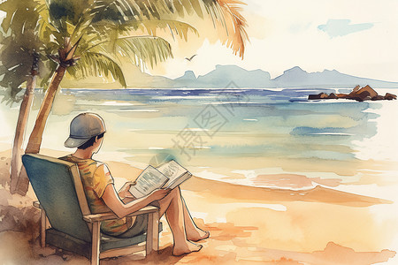 坐在海滩人海滩上看书的人插画