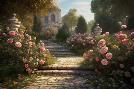 日式庭院小石路户外的的玫瑰花园插画