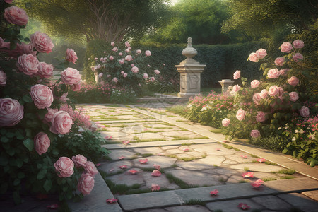 日式庭院小石路一个粉红色的玫瑰花园插画