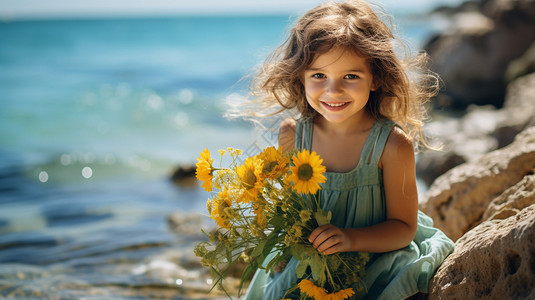 夏天可爱向日葵海边拿着向日葵的小女孩背景