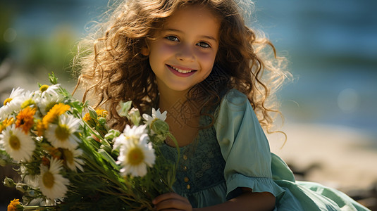海边可爱的小女孩背景图片
