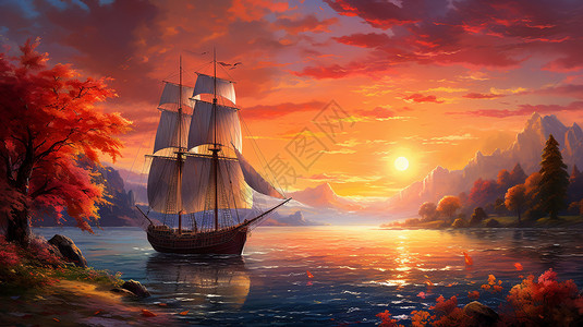 古代海面上的帆船创意插图图片