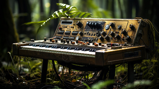 户外丛林中破旧的电子琴设计图片