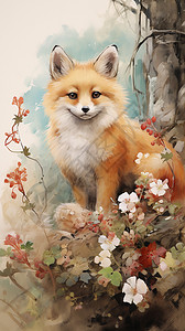 花丛中小狐狸国风插画背景图片