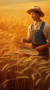 秋季在麦田里收割的农民图片