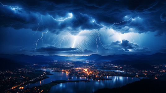 城市上空电闪雷鸣的景象图片