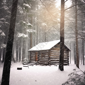 森林中白雪皑皑的小木屋图片