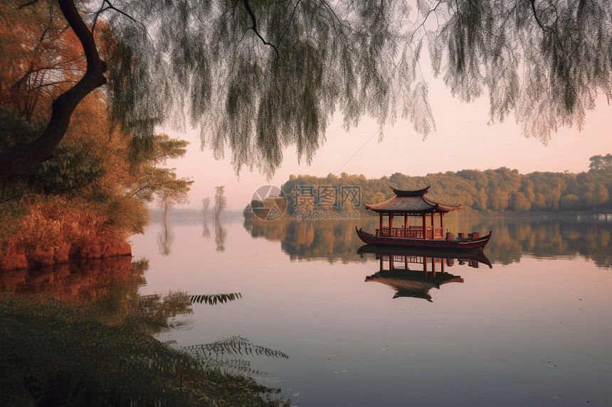 柳树下的湖边的风景图片