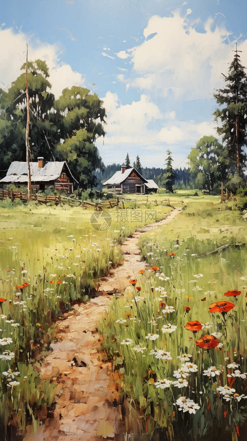 乡村场景的油画插图图片