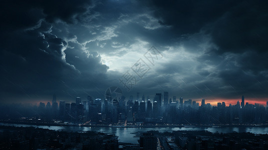 暴风雨天空城市上空电闪雷鸣的景观设计图片