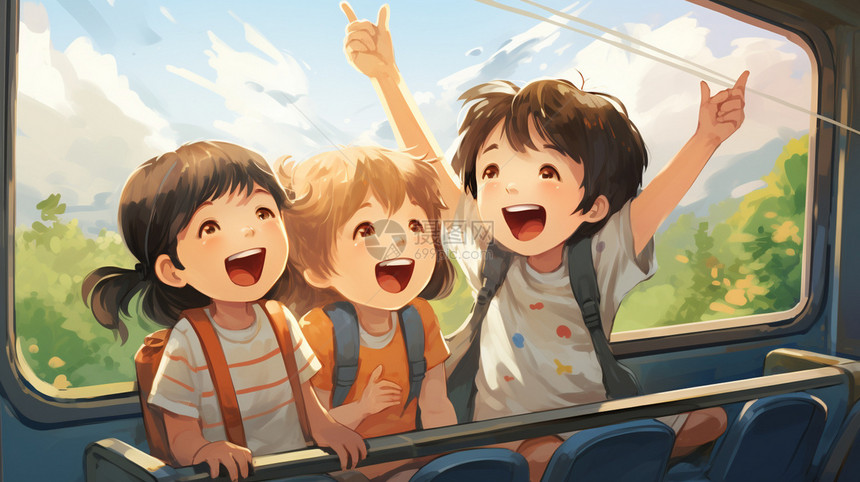 高速列车上开心的孩子插图图片