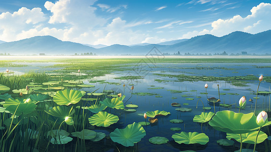 池塘中盛开的荷花艺术插图图片