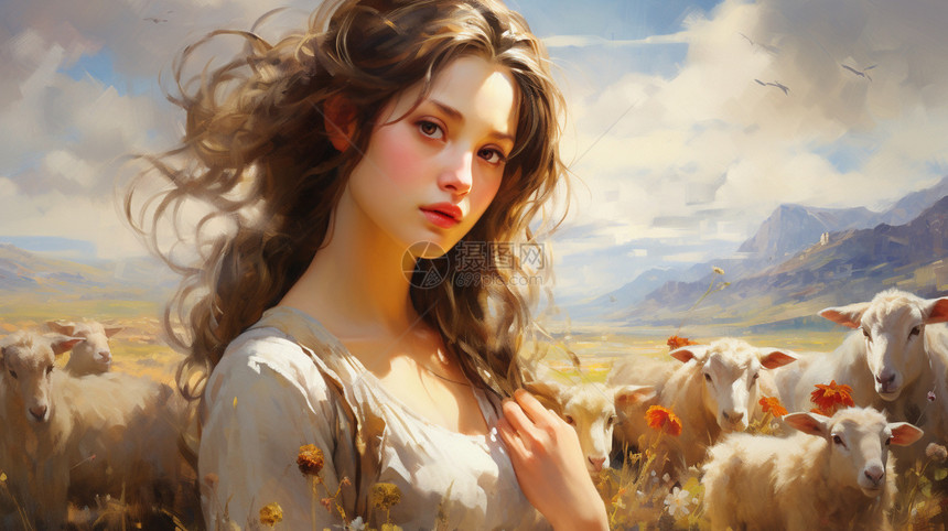 正在牧羊的年轻女性图片