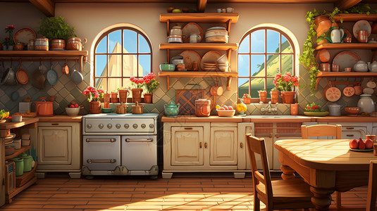 卡通动画厨房背景图片