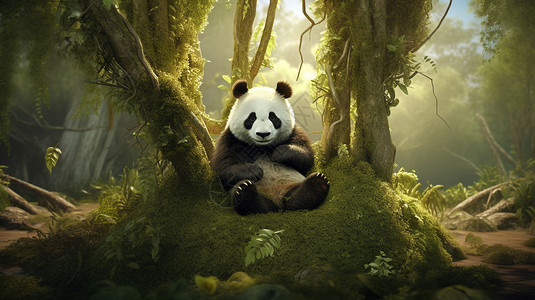 树下呆萌的熊猫图片