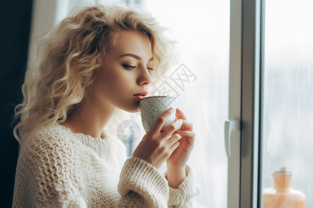 享受香醇咖啡的美女背景图片