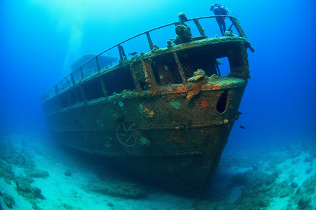 深海中的沉船废墟图片