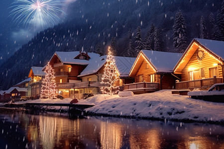 烟花装饰湖边上的圣诞小屋背景