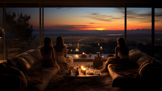 黄昏下俯瞰城市的阳台图片