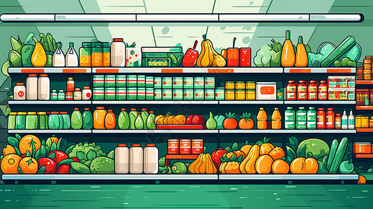 繁忙的购物超市平面插图背景图片