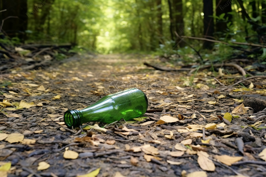 森林中回收玻璃瓶垃圾图片