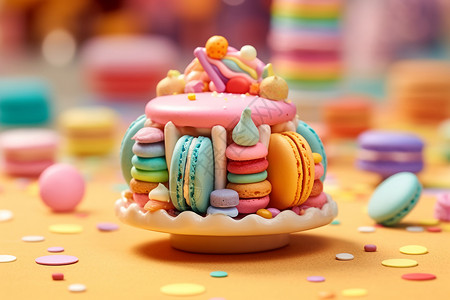 一堆饼干3D渲染的马卡龙甜点设计图片