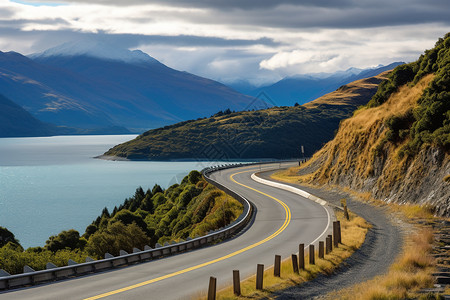 湖边的道路湖边公路高清图片