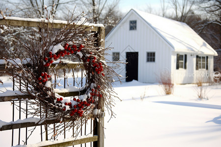 谷仓大门上的圣诞节花环高清图片