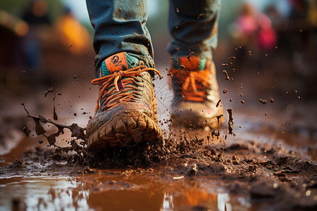 跑步鞋子泥泞道路中的运动员背景