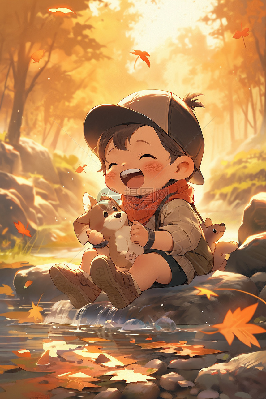 小男孩在河岸边享受秋天美景图片