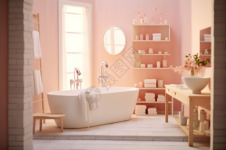 芭比色彩的带浴缸的浴室高清图片