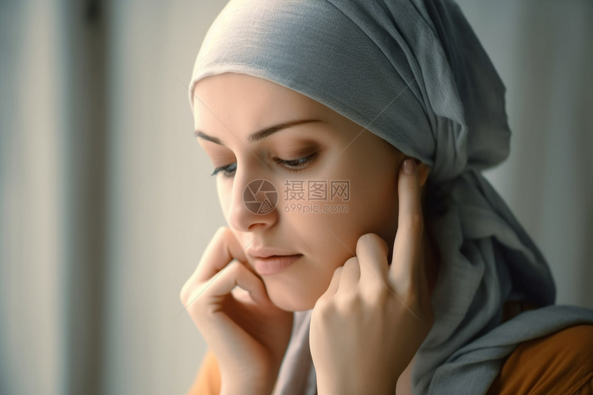 由于癌症化疗没了头发用头巾裹着脑袋的女病人图片