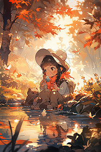 矿泉水里的落日秋季落日中的女孩插画