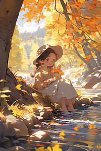 矿泉水里的落日溪边玩耍的女孩插画