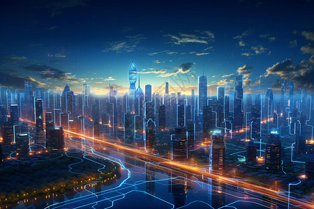中央城市闪耀的未来城市夜景设计图片