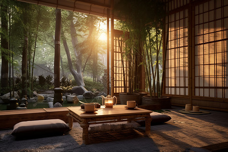 窗外竹林优雅的新中式茶馆背景