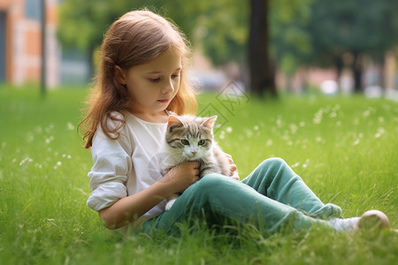 小女孩和小猫户外和猫咪玩耍的小女孩背景