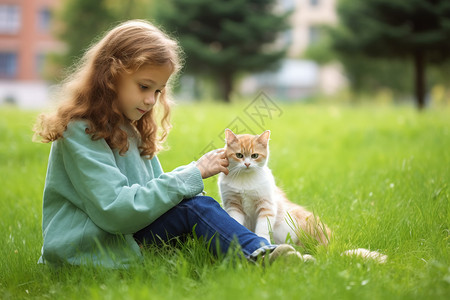 小女孩和小猫草地上的小猫和小女孩背景