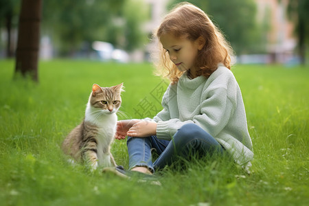 草地上和小猫咪玩耍的女孩图片