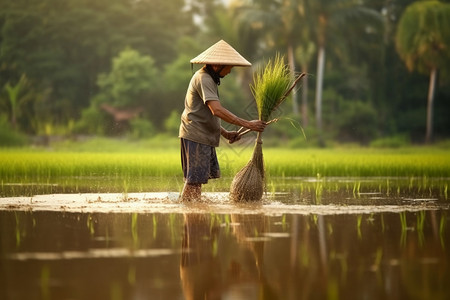 正在耕种水稻的农民图片