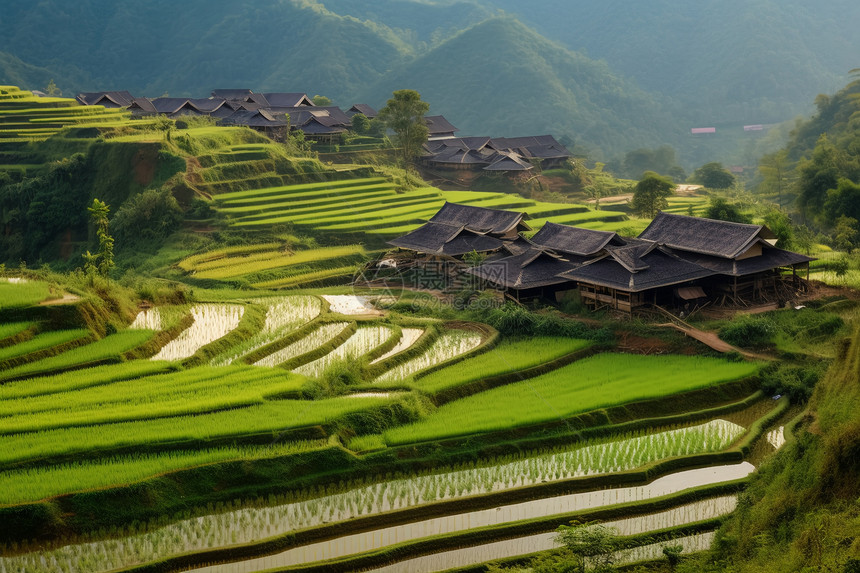 乡村的水稻种植田图片