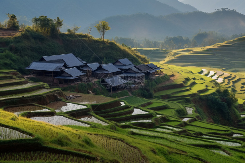 热带地区的水稻种植田图片