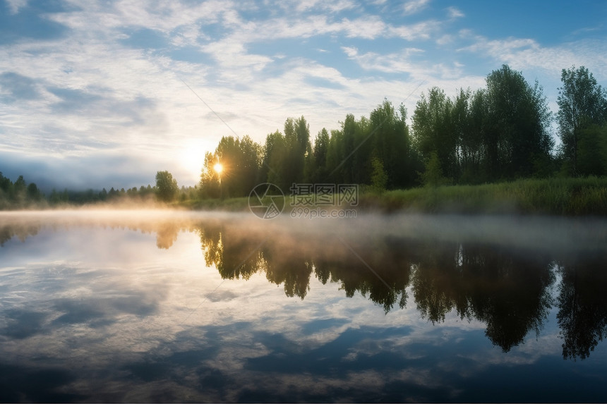 云雾笼罩的森林湖泊景观图片