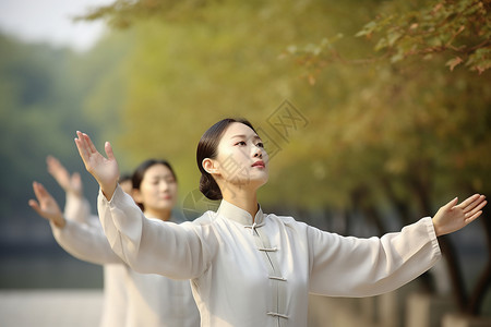 代练公园里练太极的女性背景