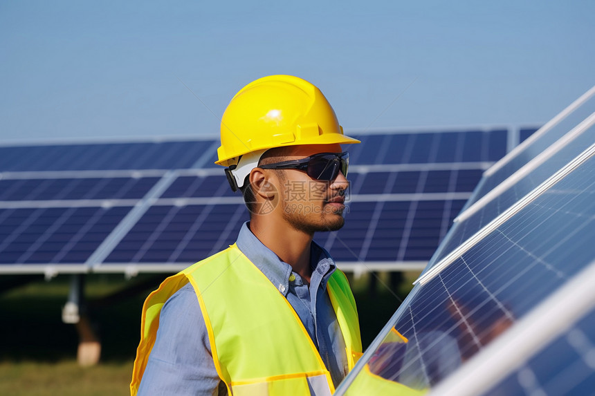 太阳能发电板安装工人图片